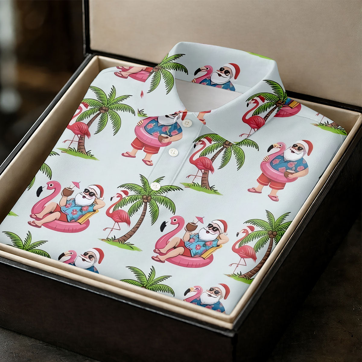 Tropical Santa Flamingo Beach Golf Polo, Ladies Golf Shirt, Performance Golf Shirt