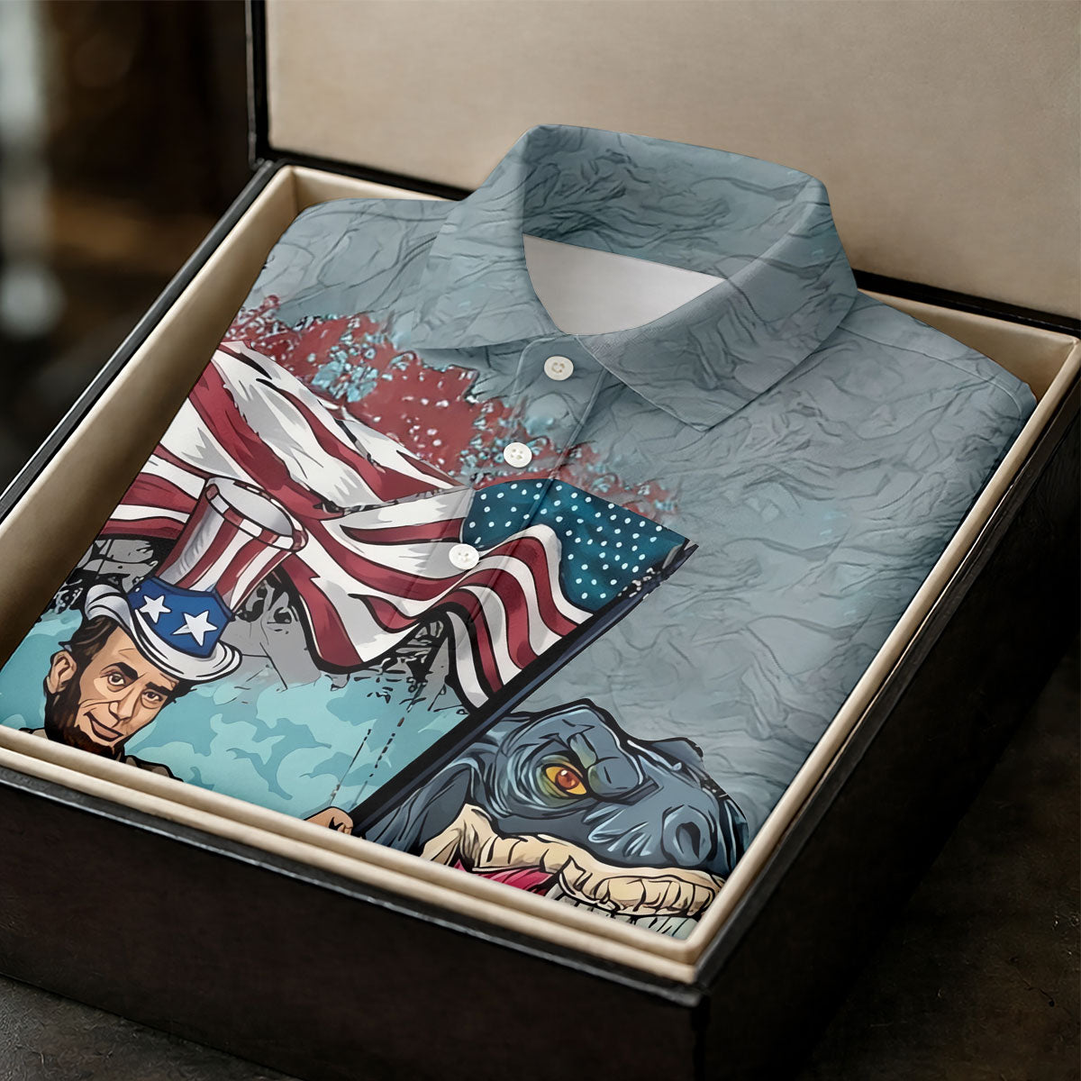 T-Rex Dinosaur US Flag Pattern 4th Of July Golf Shirt, Patriotic 250 Years Golf Shirts For Men
