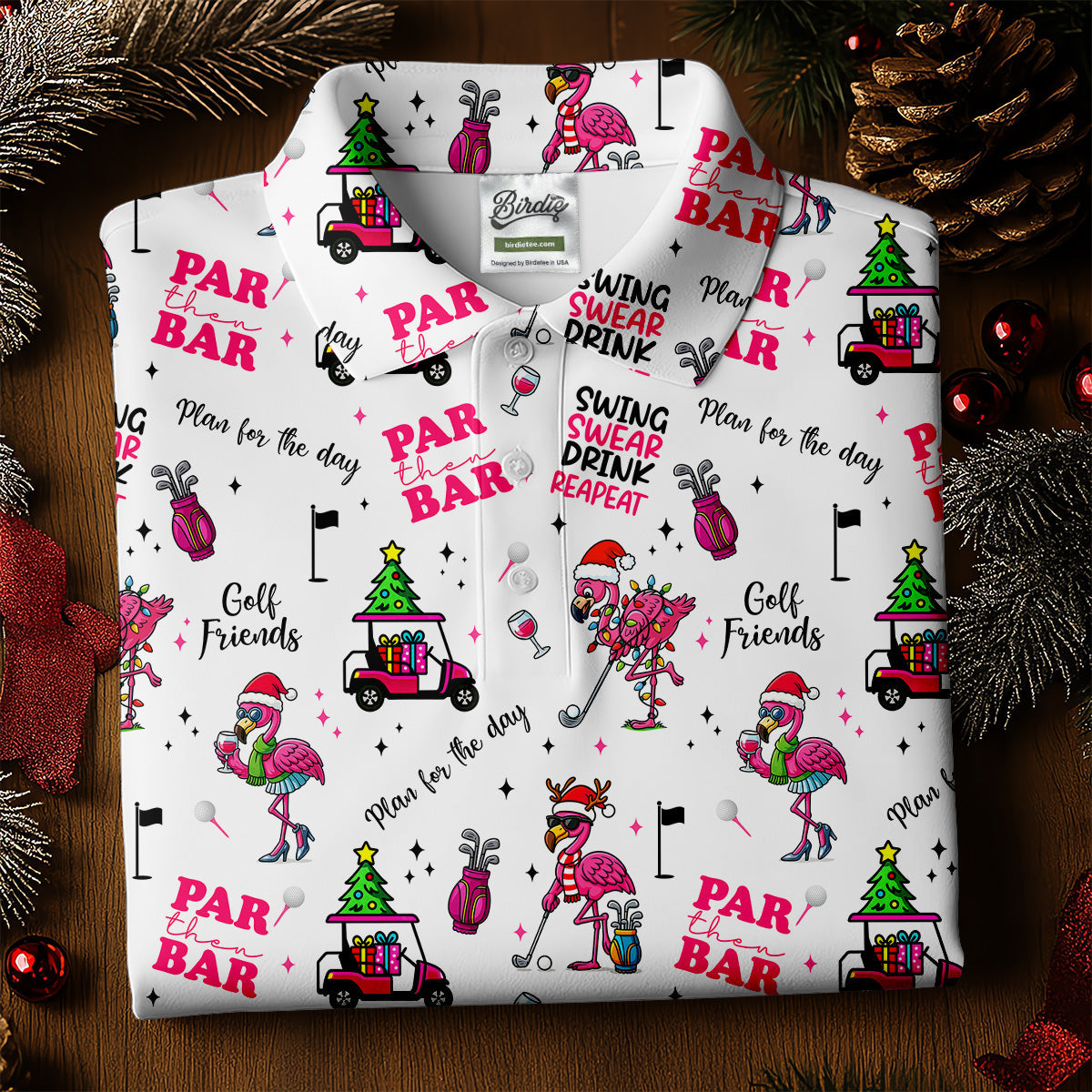 Christmas Flamingo Par Then Bar Women's Golf Shirts, Christmas Golf Shirt, Ladies Golf Shirts, Women's Golf Gifts