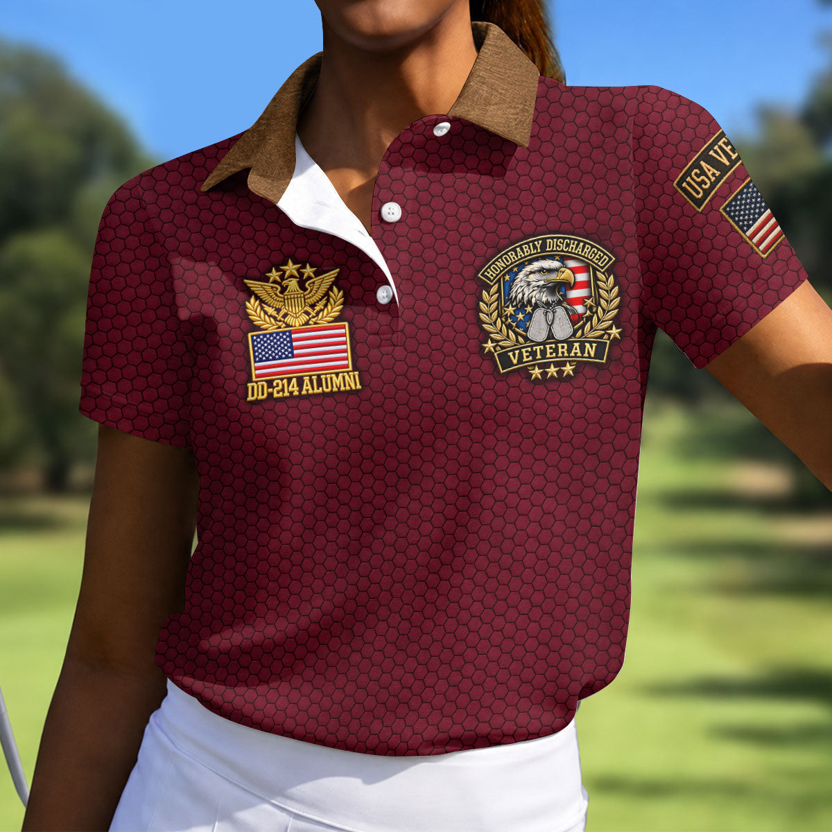 DD-214 Maroon Honeycomb Veteran Polo Shirt, Golf Shirts For Women, Veterans Day Shirt