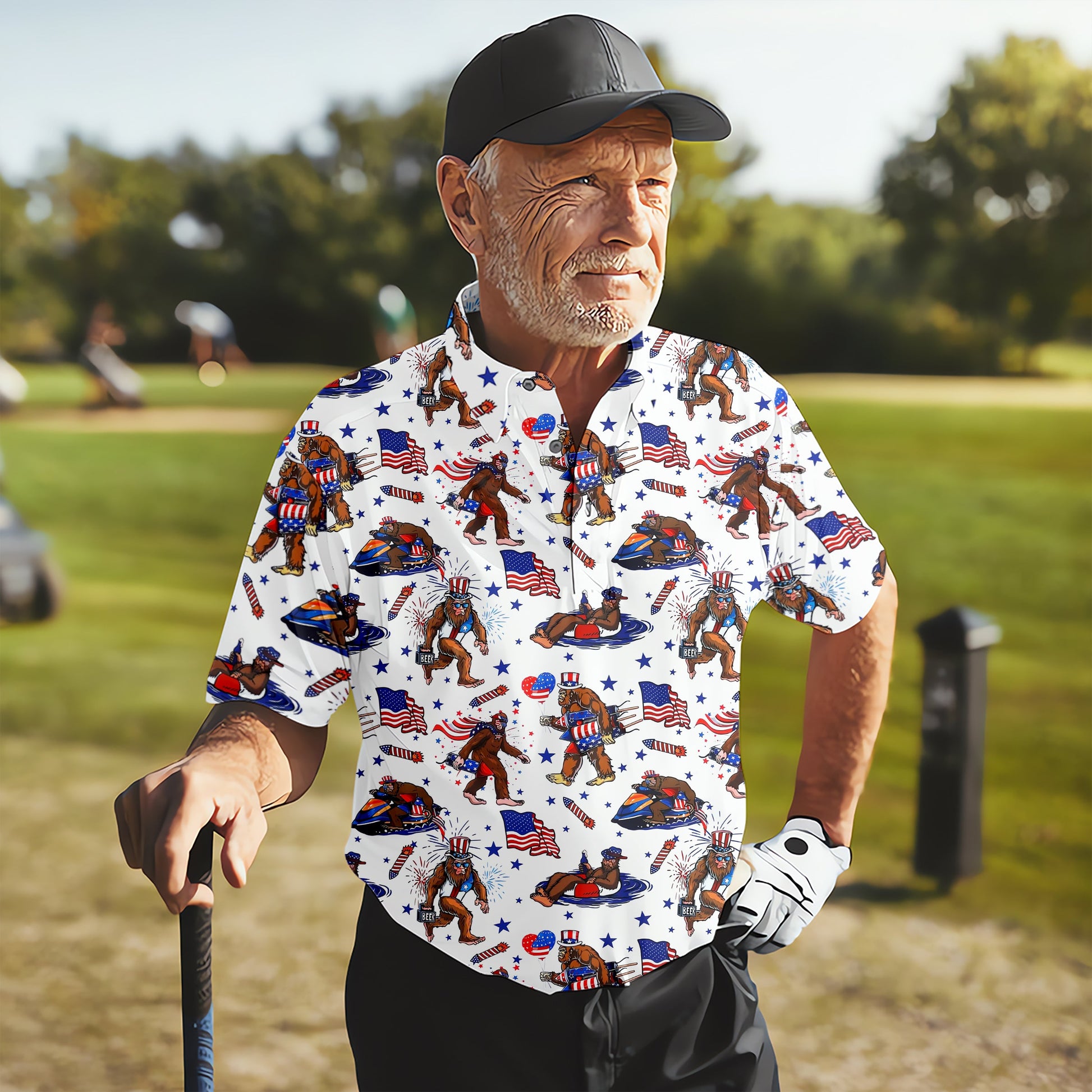 Bigfoot Sasquatch Funny Golf Polo Shirt, America 250 Anniversary Golf Shirt, 4th Of July Polo