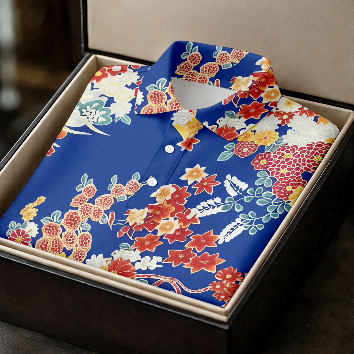 Royal Blue Japanese Floral Pattern Golf Shirt, Mens Golf Apparel, Printed Golf Shirts