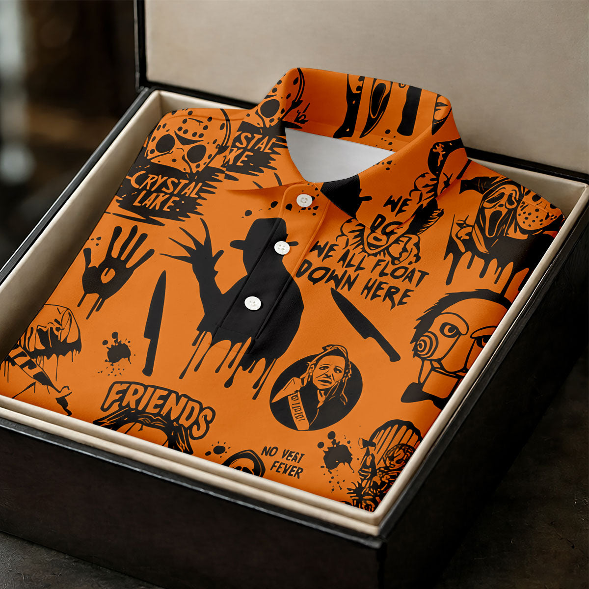 Orange Horror Character Icons Pattern Golf Polo Shirt for Halloween, Womens Golf Polo, Ladies Golf Shirts