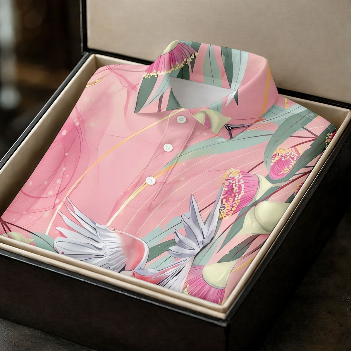 Pink Cockatoo Eucalyptus Floral Polo Shirt, Hawaiian Golf Shirt, Golf Tops For Women