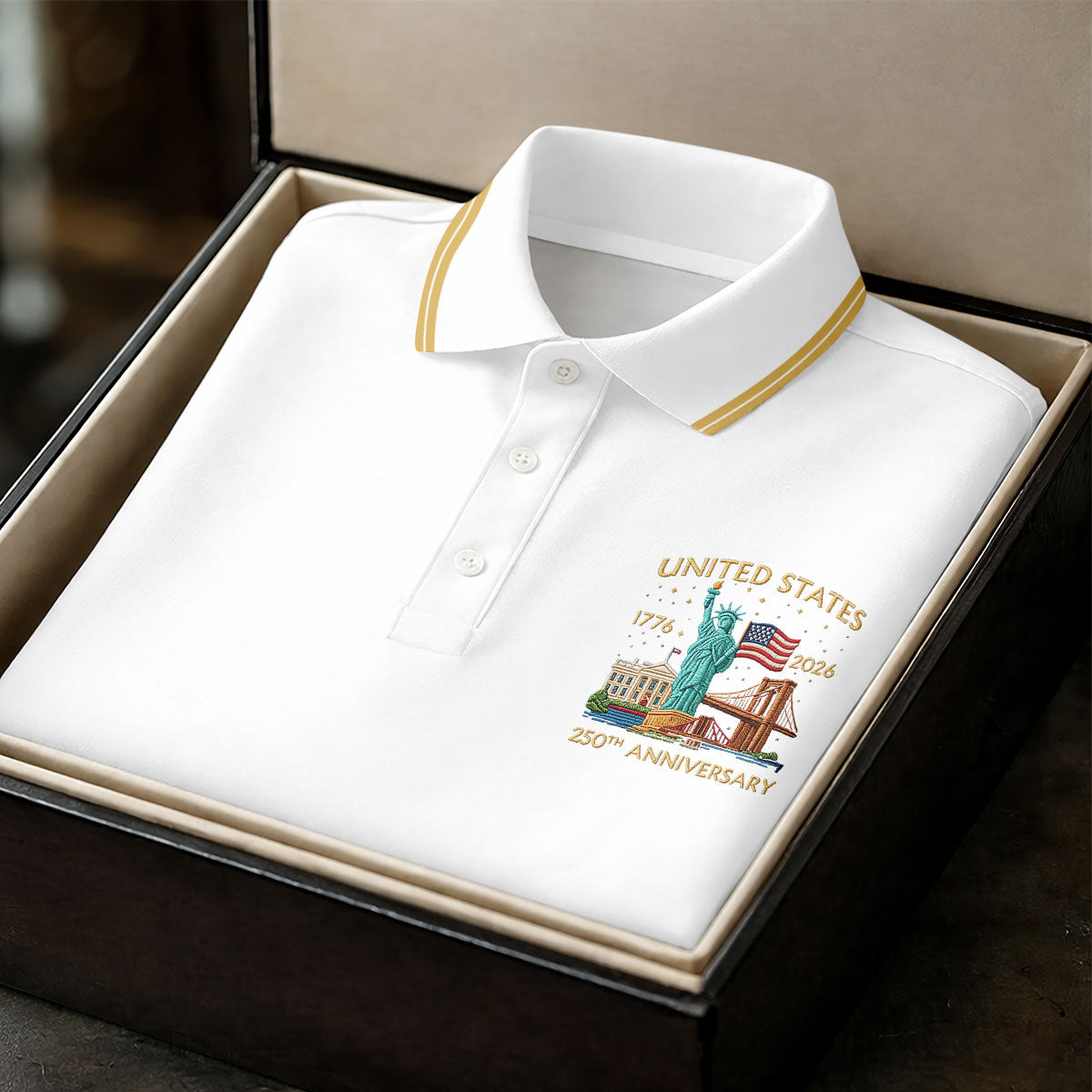 American Symbols White Patriotic Golf Shirt, US 250 Years 4th Of July Golf Shirts For Men
