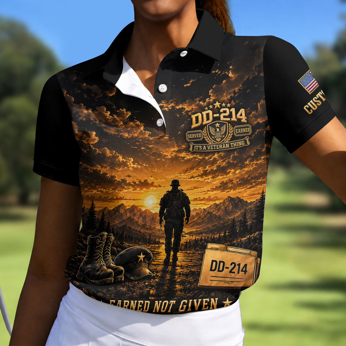 Custom DD-214 Sunset Soldier Golf Polo Shirt, Womens Golf Polo, Veterans Day Shirt