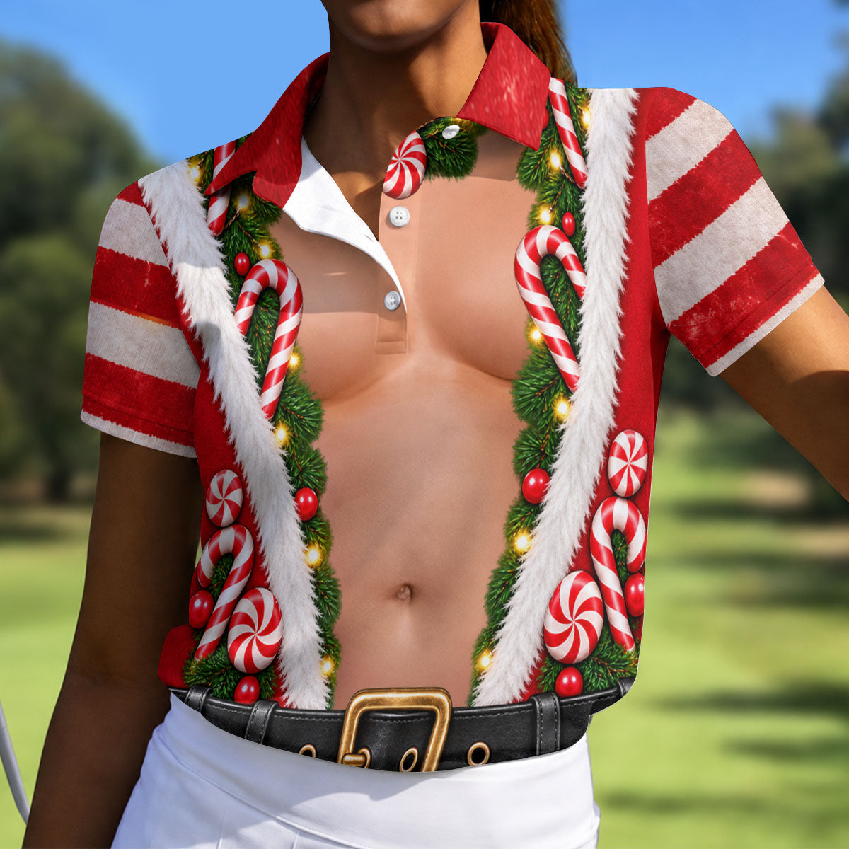 Christmas Candy Cane Santa Suit Polo Shirt, Ladies Golf Top, Women’s Golf Apparel