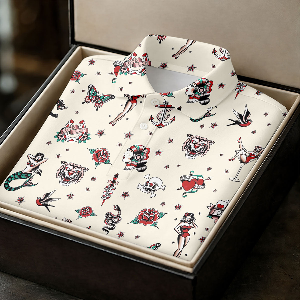 Old School Tattoo Flash Pattern Golf Polo Shirt, Men's Golf Shirt, Printed Golf Shirts