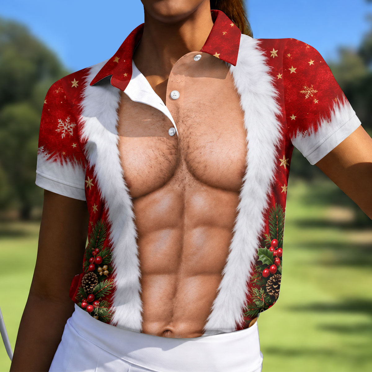 Santa Muscle Body Christmas Golf Shirt, Womens Golf Tops, Ladies Golf Shirts