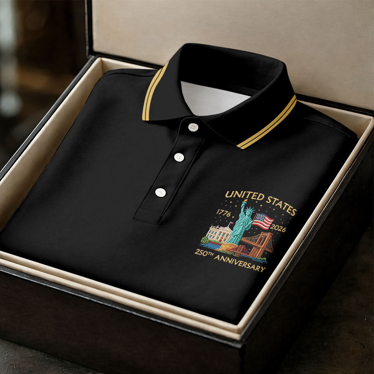 American Symbols Black Patriotic Golf Shirt, US 250 Years 4th Of July Golf Shirts For Men