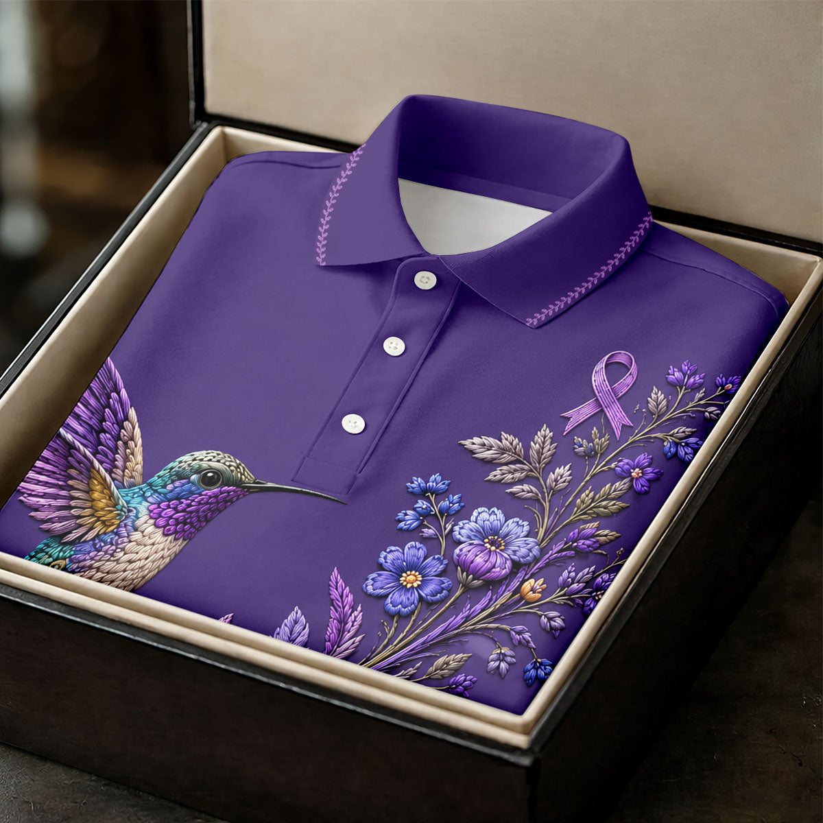 Purple Hummingbird Cancer Awareness Polo Shirt, Womens Sleeveless Golf Shirt, Ladies Golf Top