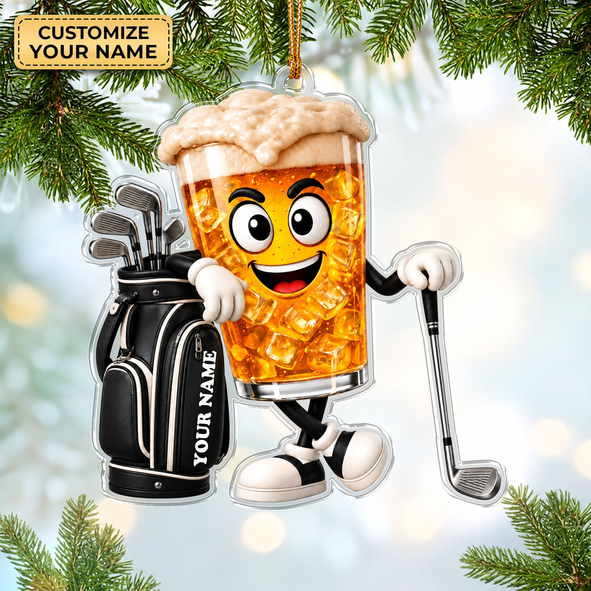 Custom Name Beer Glass Golf Acrylic Ornament, Golf Lover Gifts, Christmas Ornaments