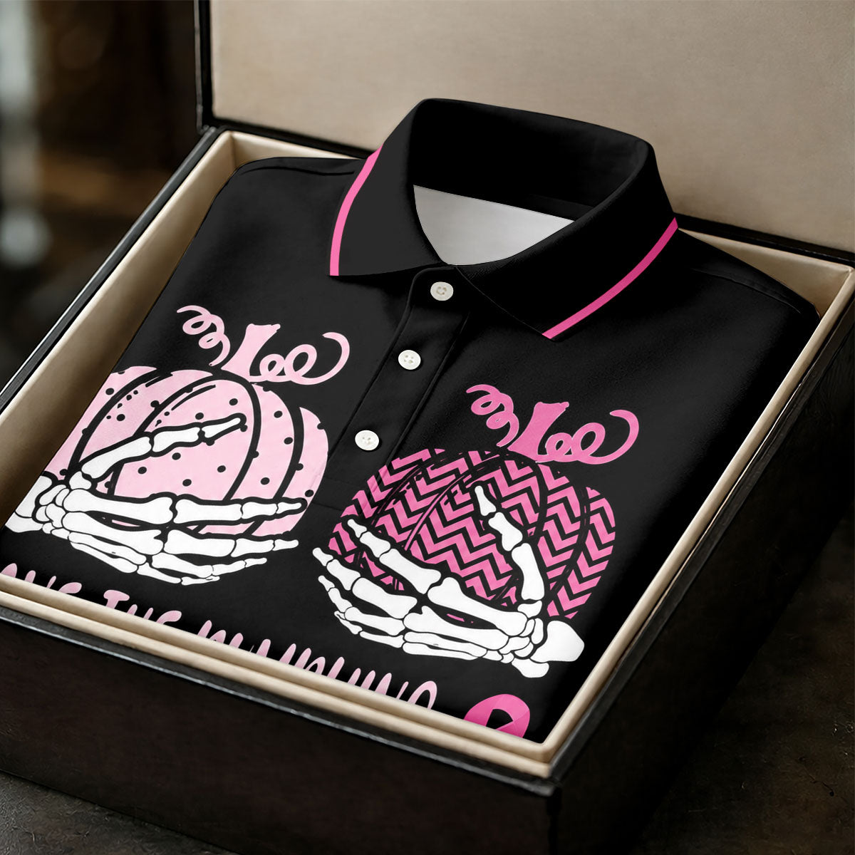 Save The Pumpkins Skeleton Breast Cancer Polo Shirt, Womens Golf Tops, Printed Golf Shirt