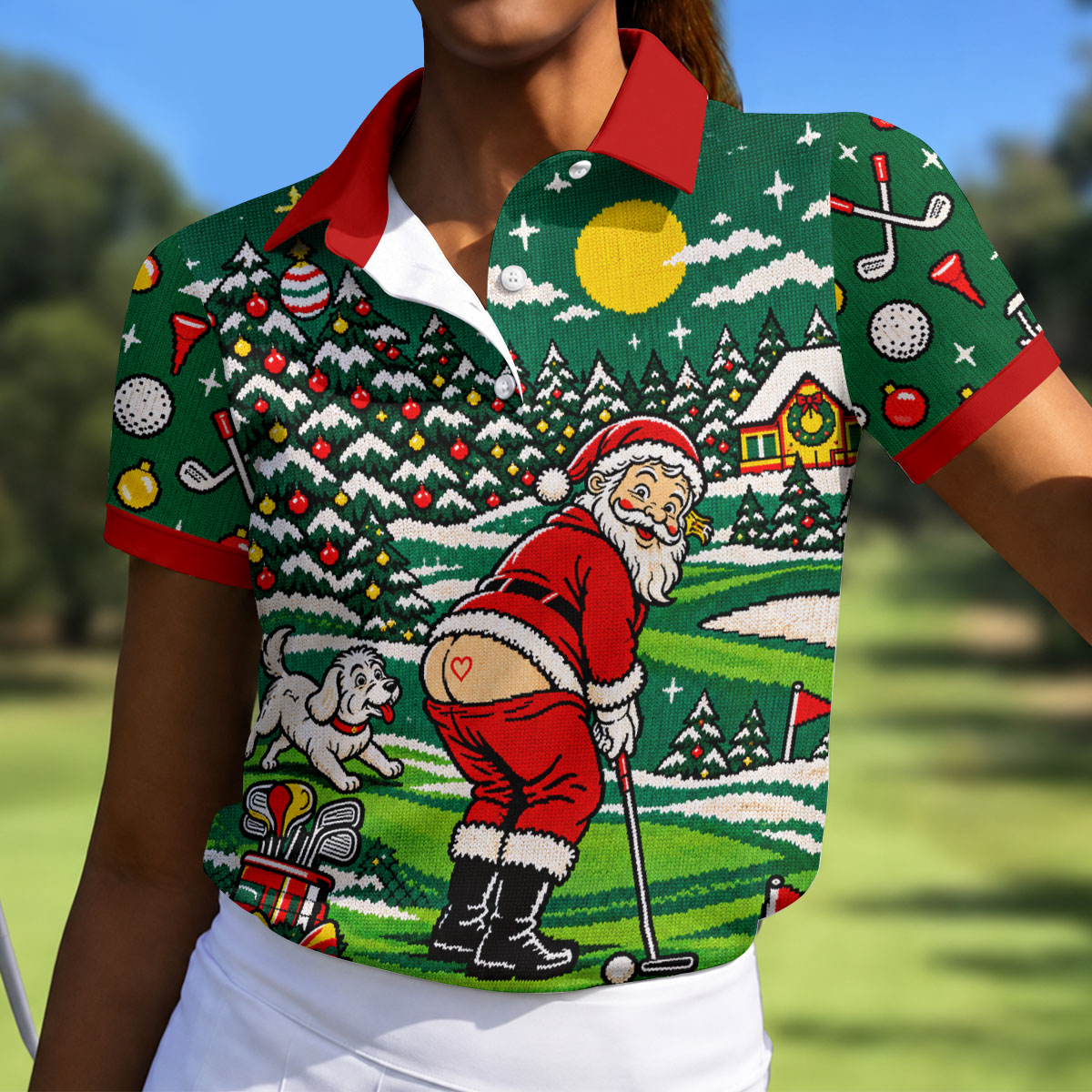Funny Santa Mooning Dog Christmas Golf Shirt, Womens Golf Tops, Ladies Golf Shirts