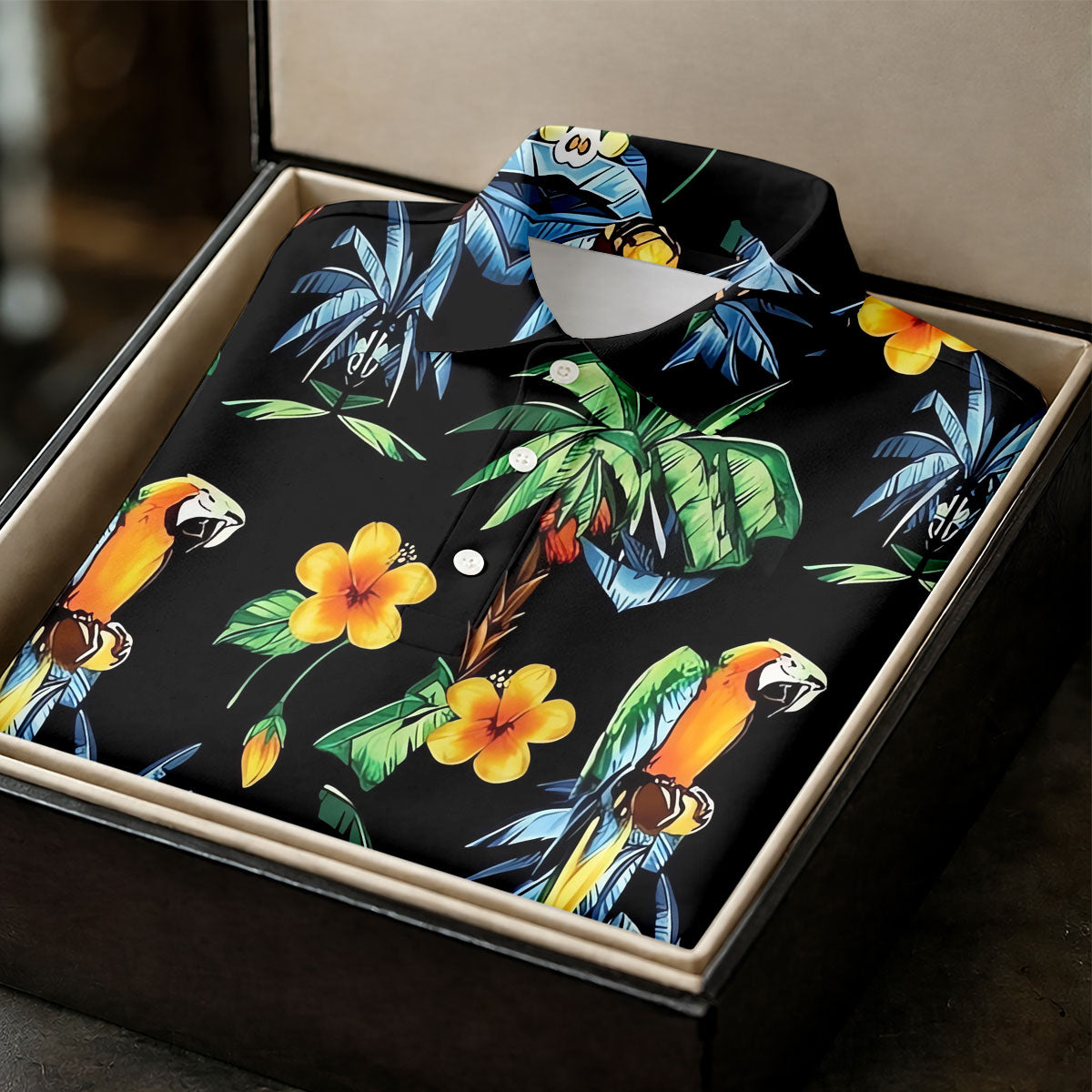 Black Tropical Parrot Palm Flower Pattern Golf Shirt, Women’s Golf Polo, Ladies Golf Shirts, Golf Tops For Women