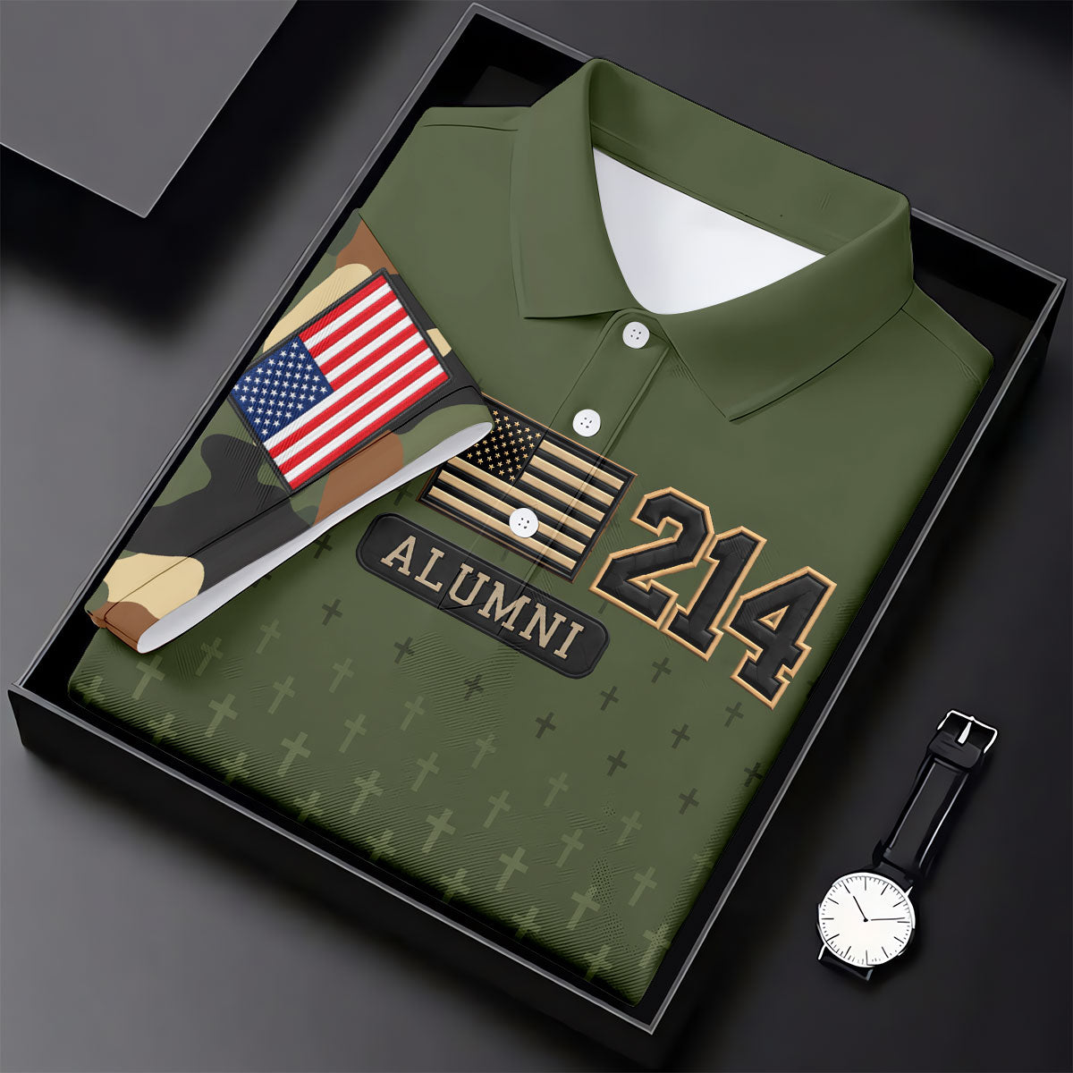 DD-214 Alumni Flag Cross Camo Polo Shirt, Veterans Day Shirt, Golf Shirts For Men