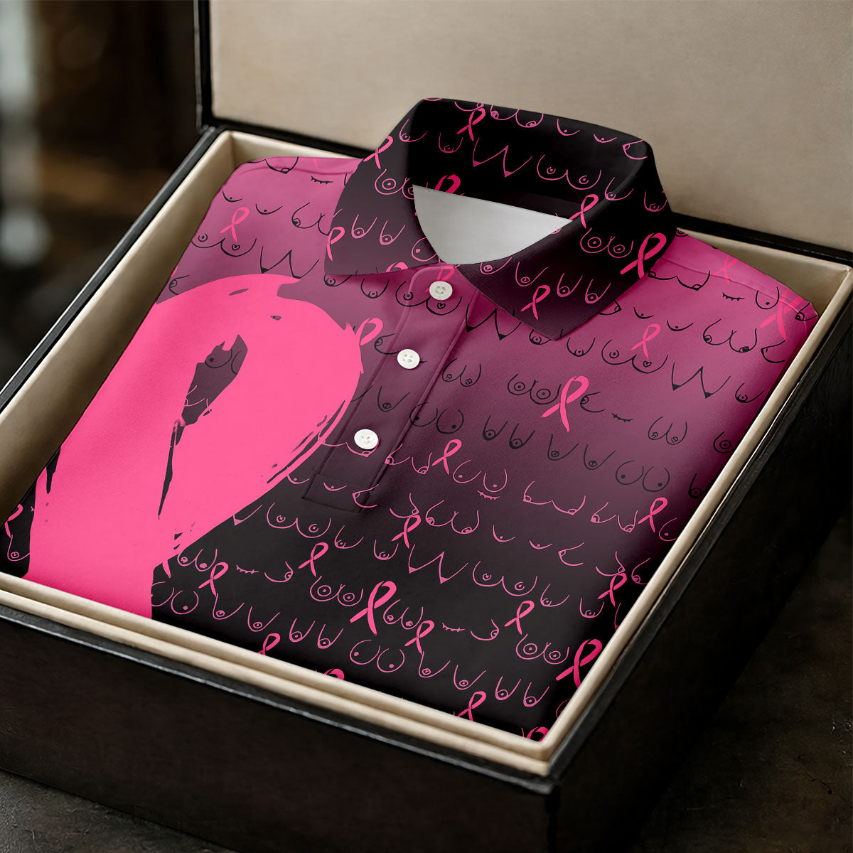 Pink Ribbon Boob Pattern Breast Cancer Polo Shirt, Ladies Golf Tops, Women’s Golf Polo