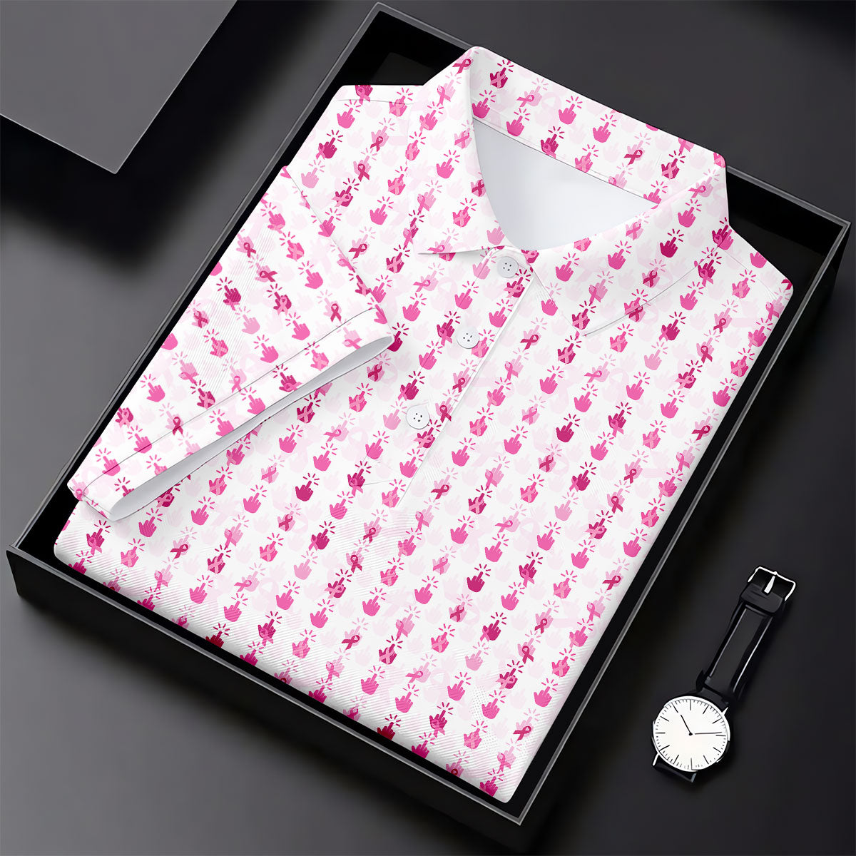 Pink Ribbon Finger Touch Breast Cancer Polo Shirt, Mens Golf Polo, Golf Apparel For Men