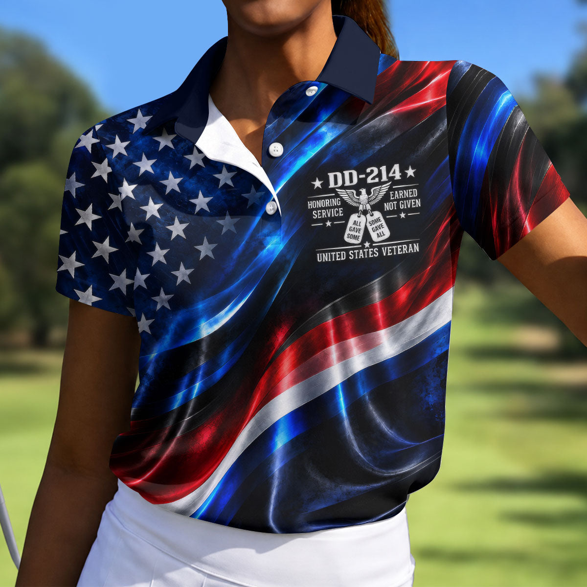 DD-214 Metallic USA Flag Golf Polo Shirt, Veterans Day Shirt, Golf Tops For Women