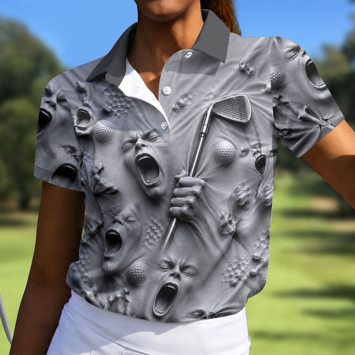 Screaming Face Halloween Golf Polo Shirt, Halloween Tops For Women, Golf Shirts For Women