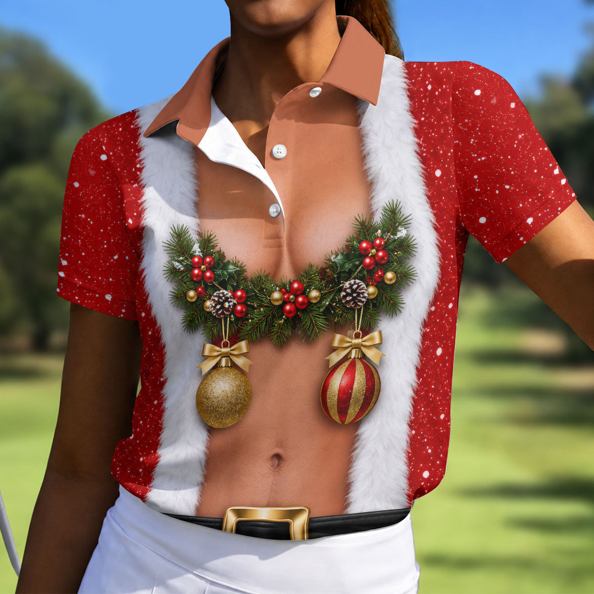 Funny Ornament Garland Christmas Golf Shirt, Women’s Golf Tops, Ladies Golf Shirts