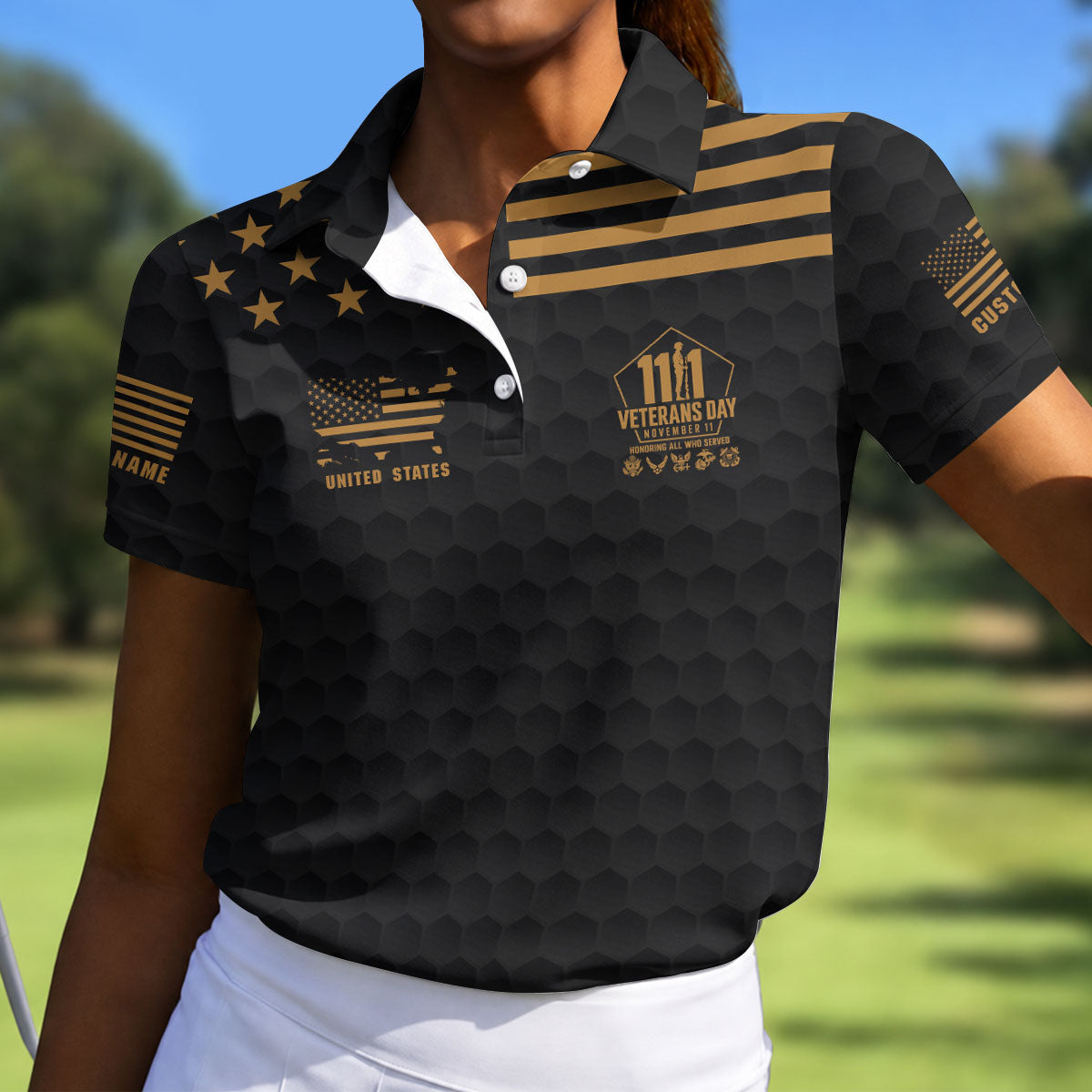 Custom Name Gold Star Veterans Day Polo Shirt, Womens Golf Polo, Golf Tops For Women