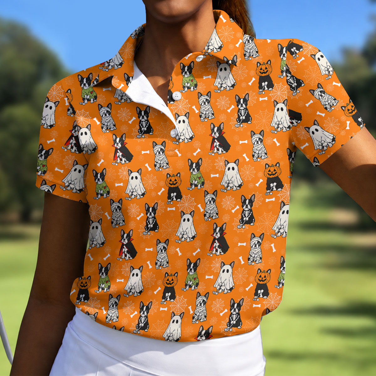 Halloween Dog Costume Pattern Golf Polo Shirt, Womens Golf Tops, Halloween Shirt For Women
