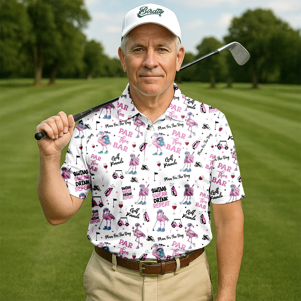 Par Then Bar Flamingo Funny Men Polo Shirt, Fun Golf Polos For Men, Golf Shirts, Dad Golf Gift