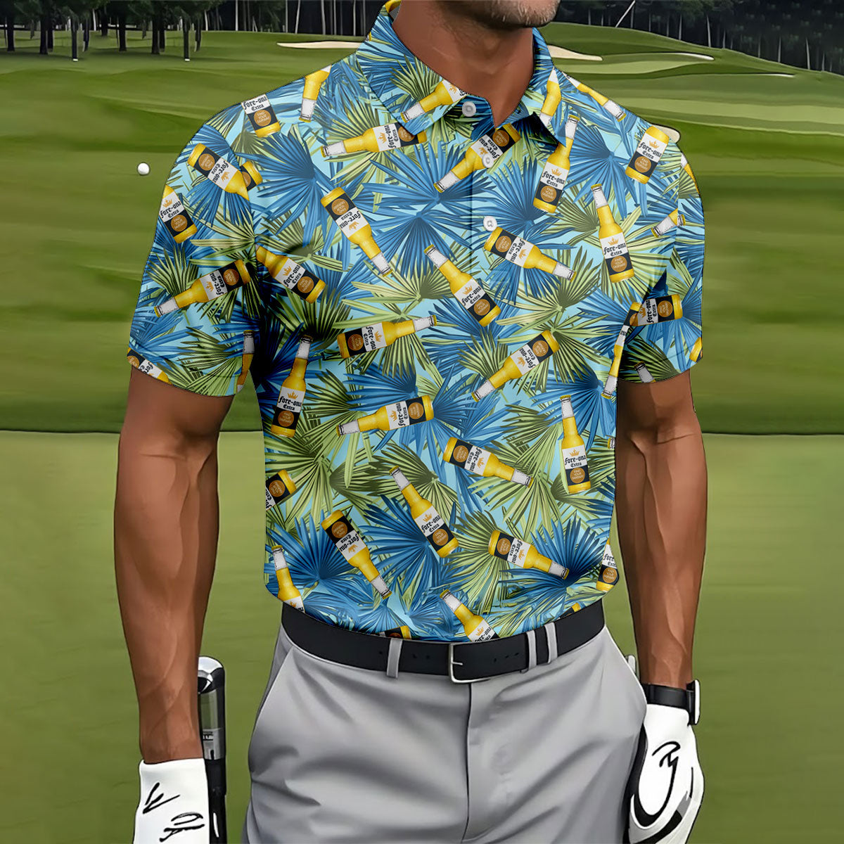 Funny Tropical Beer Bottle Pattern Golf Polo Shirt, Printed Golf Shirts, Mens Golf Apparel