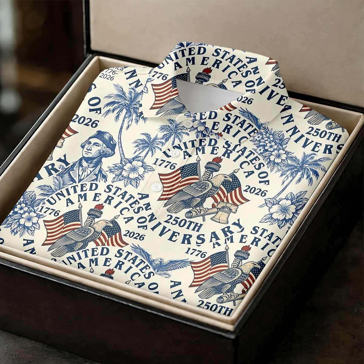 USA 250th Anniversary Toile De Jouy Hawaiian Golf Shirt, Patriotic 4th Of July Golf Shirts For Men