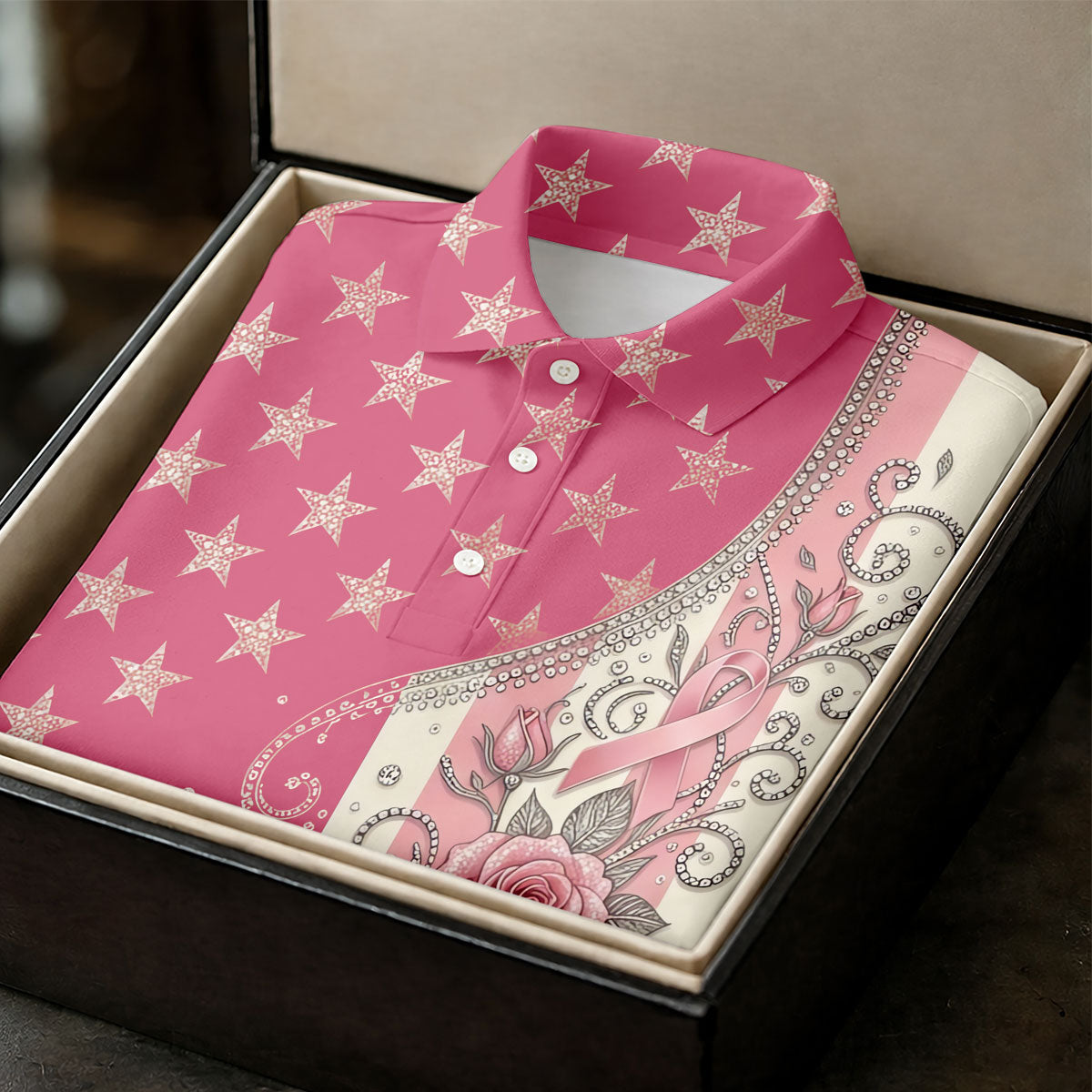 Pink Stars Stripes Rose Breast Cancer Polo Shirt, Women’s Golf Polo, Ladies Golf Shirts