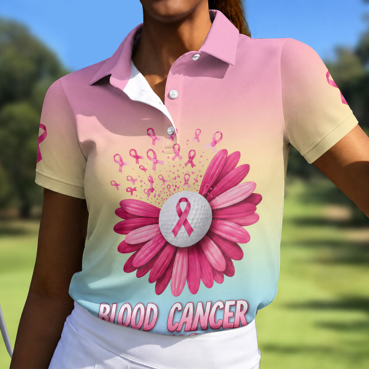 Blood Cancer Awareness Flower Golf Polo Shirt, Women's Golf Tops, Women's Golf Apparel