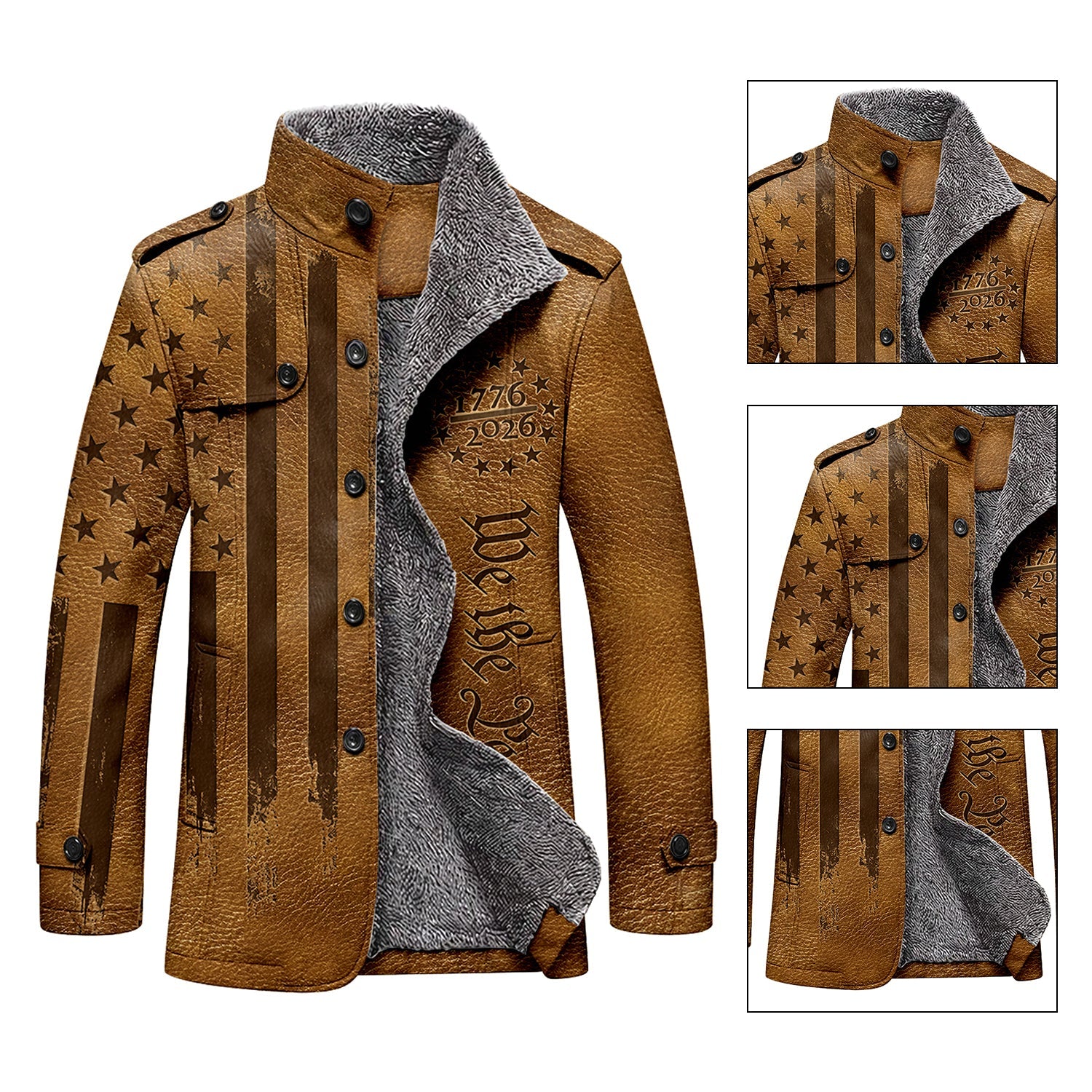 We The People 250 Years Distressed Flag Men's Cold Premium Weather Jacket, Leather Trench Coat