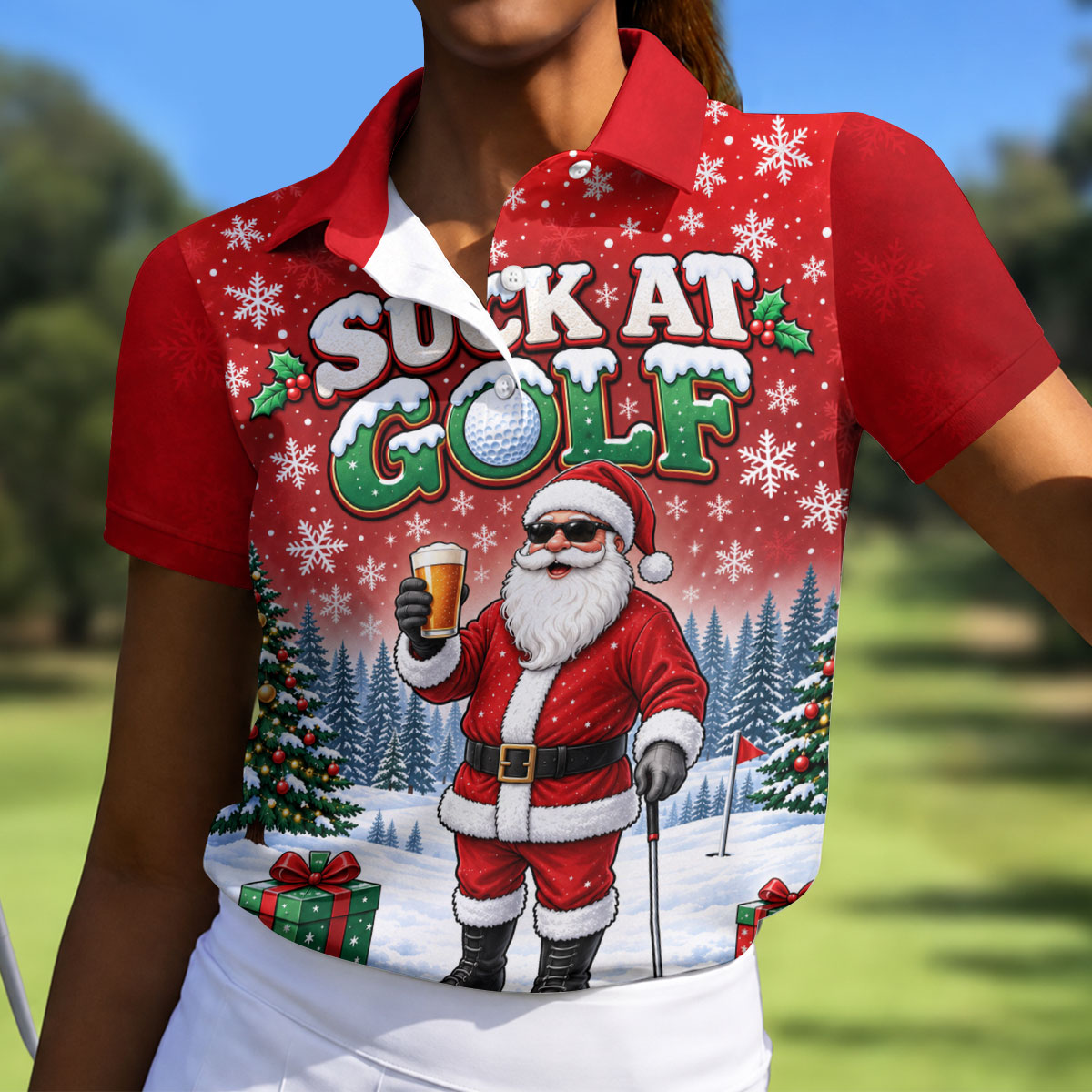 Suck At Golf Santa Beer Christmas Golf Shirt, Ladies Golf Shirts, Golf Tops For Women