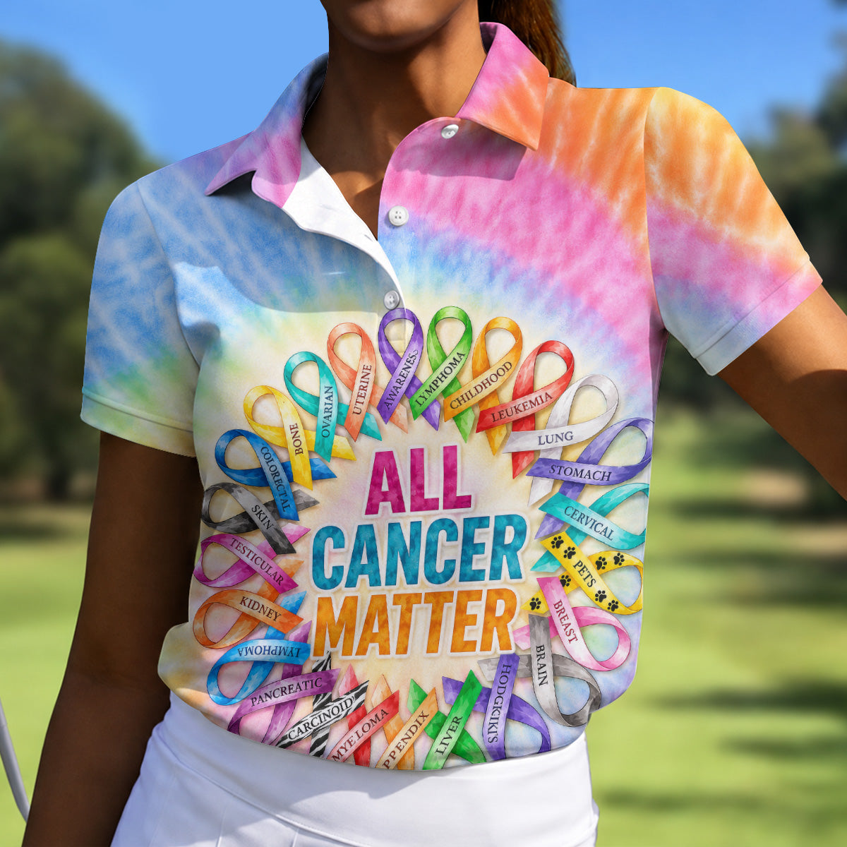 All Cancer Matter Colorful Ribbon Polo Shirt, Ladies Golf Tops, Printed Golf Shirt