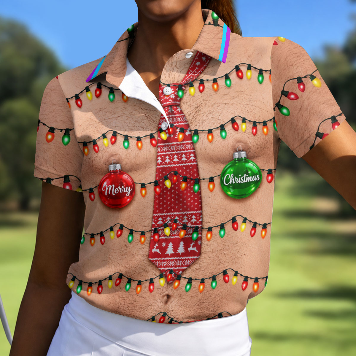 Funny Merry Christmas Lights Tie Polo Shirt, Printed Golf Shirt, Golf Shirts For Women