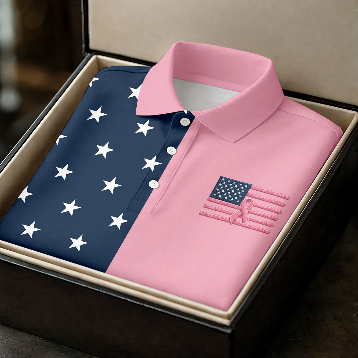 Printed Pink USA Flag Breast Cancer Polo Shirt, Golf Tops For Women, Printed Golf Shirt
