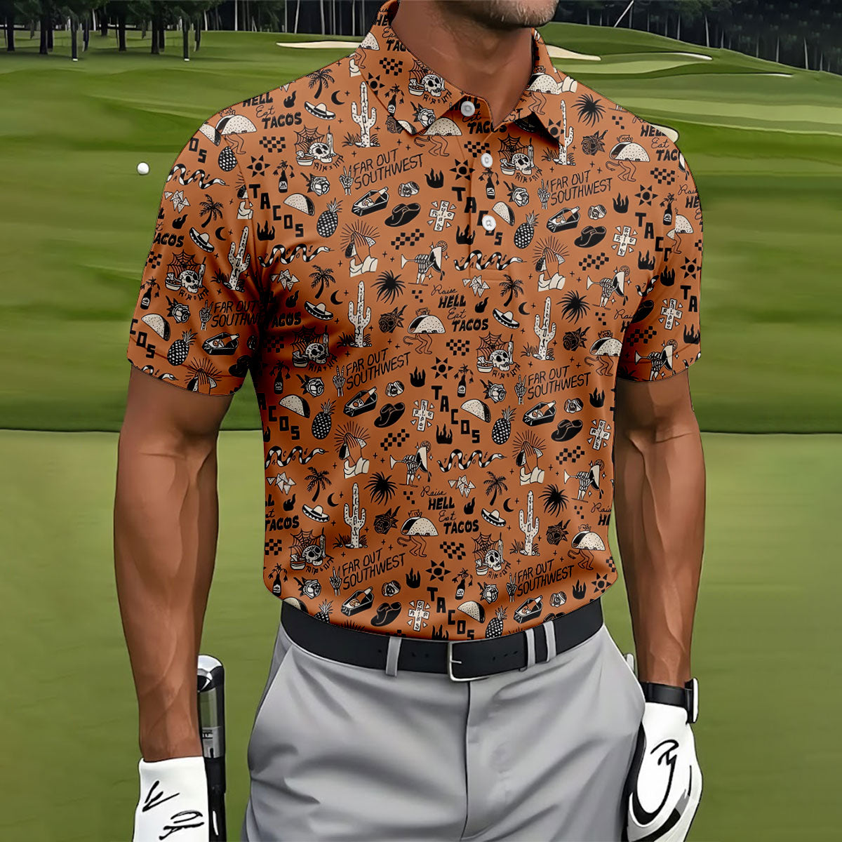 Southwest Desert Taco Skull Pattern Hawaiian Golf Shirt, Golf Tops For Women, Performance Golf Shirt