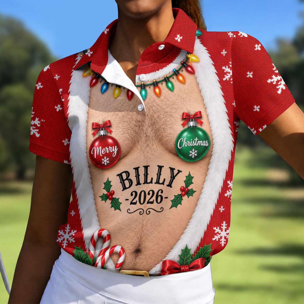 Custom Name Ornament Merry Christmas Golf Shirt, Golf Shirts For Women, Women's Golf Tops