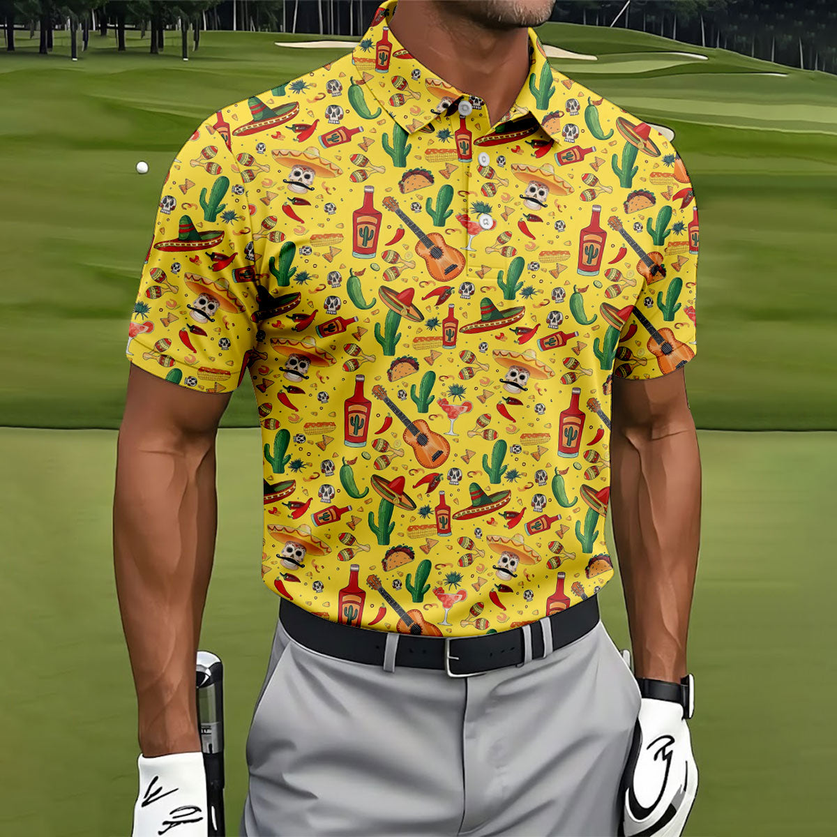 Skulls With Sombreros Funny Cinco De Mayo Fiesta Themed Golf Tops For Men, Golf Shirts For Men