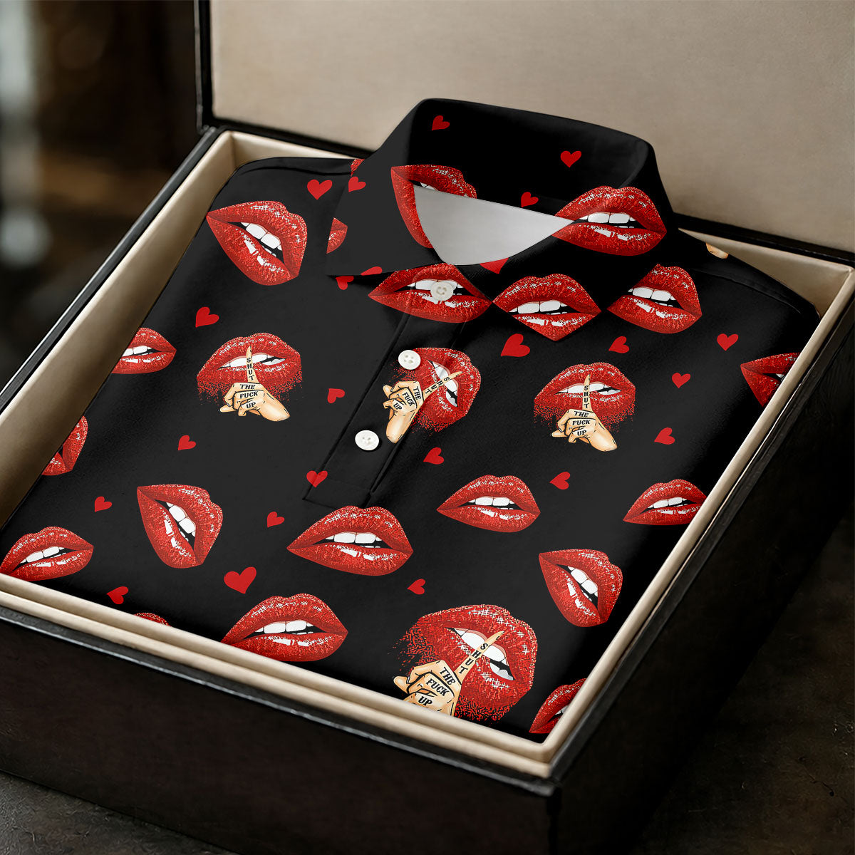 Sassy Red Lips Golf Shirt, Funny Valentine Pattern Design, Women’s Golf Polo
