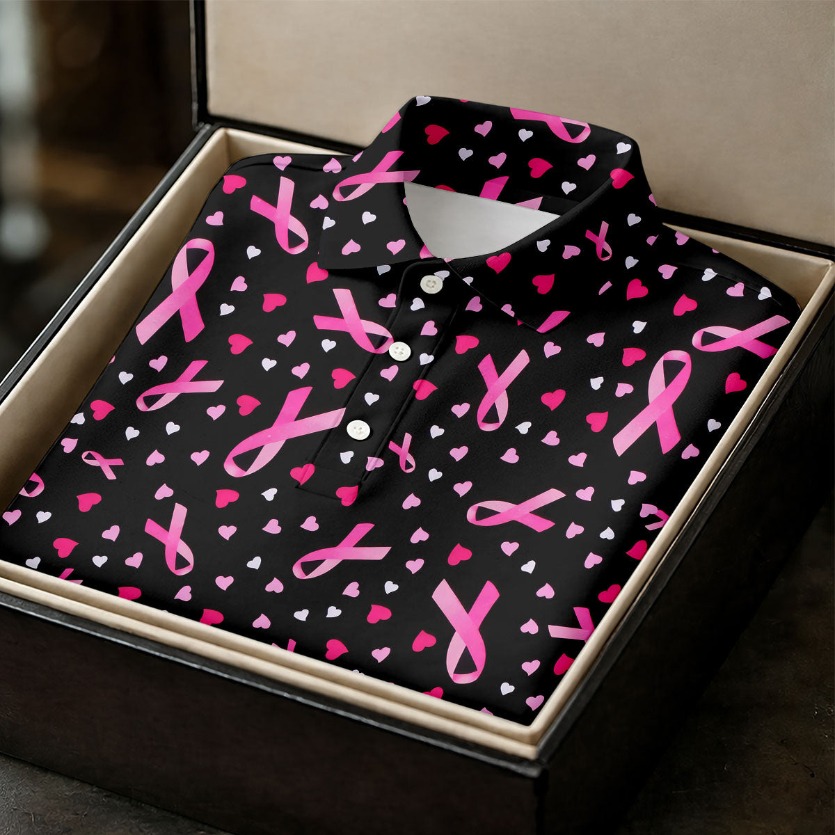 Black Pink Ribbon Heart Breast Cancer Polo Shirt, Ladies Golf Shirt, Women's Golf Tops