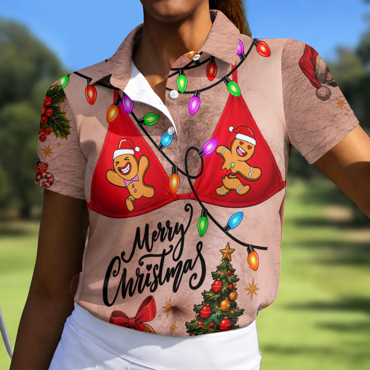 Merry Christmas Gingerbread Bra Polo Shirt, Ladies Golf Shirts, Golf Tops For Women