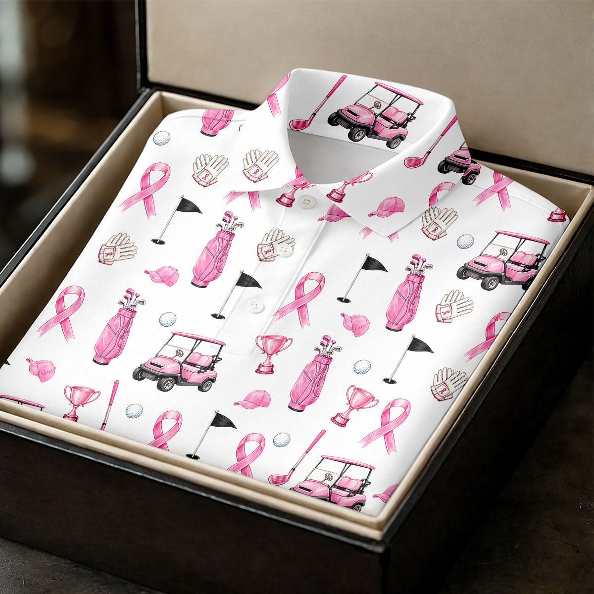 Pink Golf Cart Ribbon Breast Cancer Polo Shirt, Womens Golf Polo, Golf Tops For Women