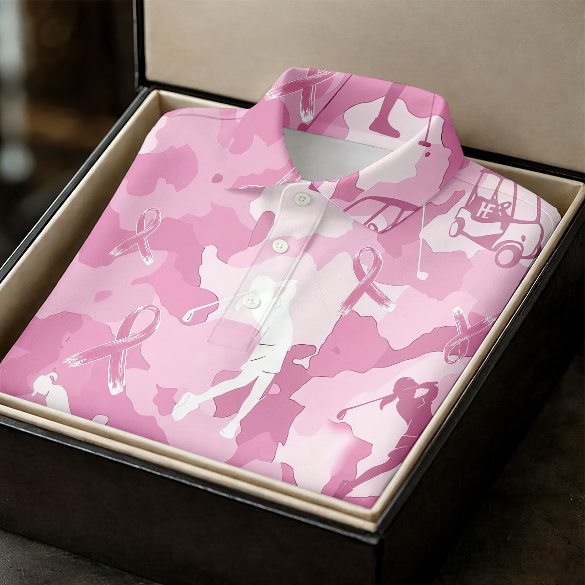 Pink Camo Golfer Breast Cancer Ribbon Polo Shirt, Ladies Golf Tops, Women’s Golf Polo