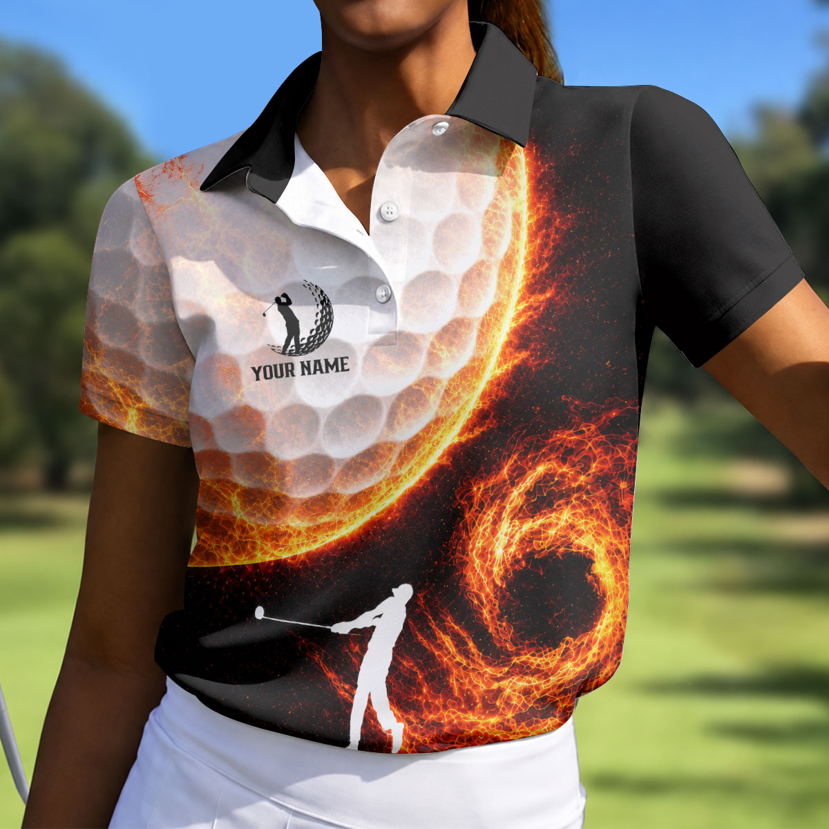 Custom Your Name Fire Golf Ball Polo Shirt, Golf Tops For Women, Women's Golf Apparel