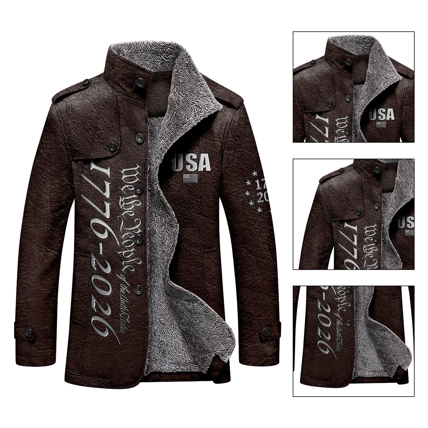 We The People 250 Years Silver Flag Men's Cold Premium Weather Jacket, Leather Trench Coat