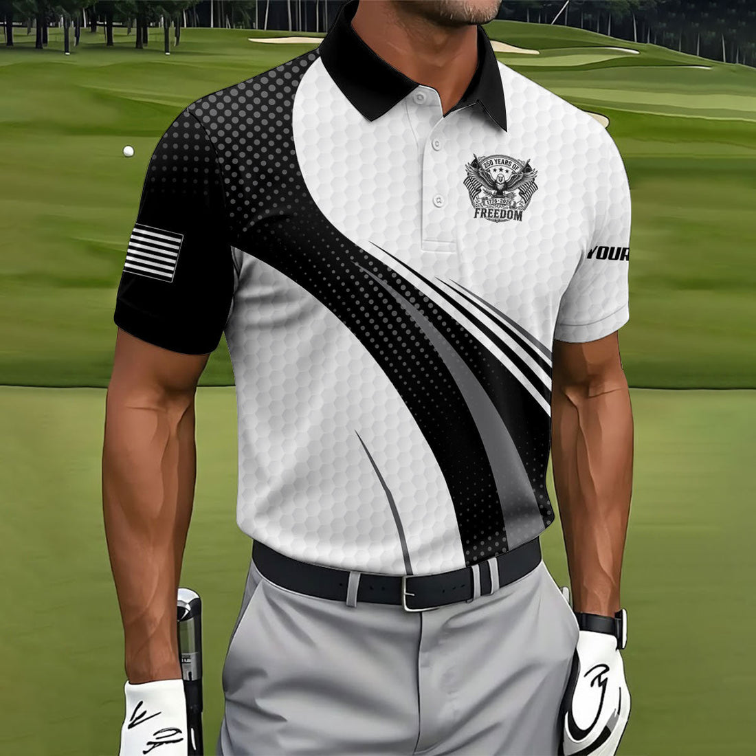 250 Years Of Freedom Black And White Patriotic Golf Shirt, 4th Of July Golf Shirts For Men