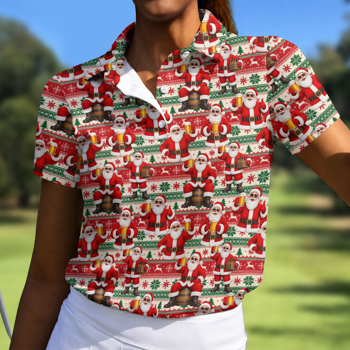 Funny Santa Beer Ugly Sweater Christmas Golf Shirt, Womens Golf Tops, Golf Polo For Women