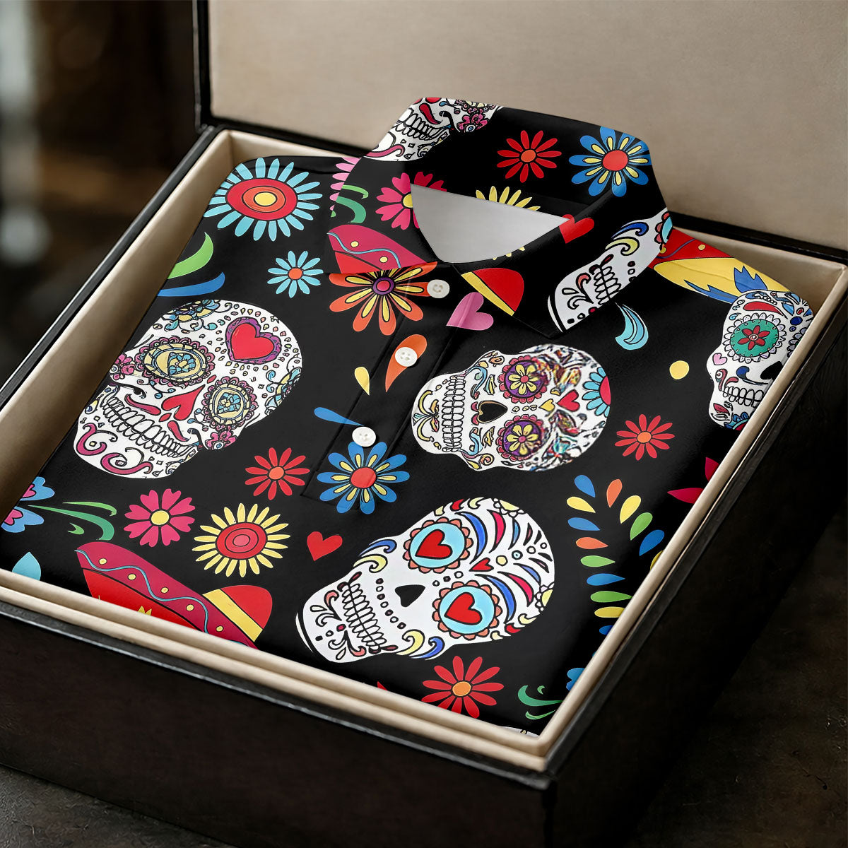 Day Of The Dead FLoral Sugar Skull Cinco De Mayo Celebration Fiesta Themed Golf Shirts For Men